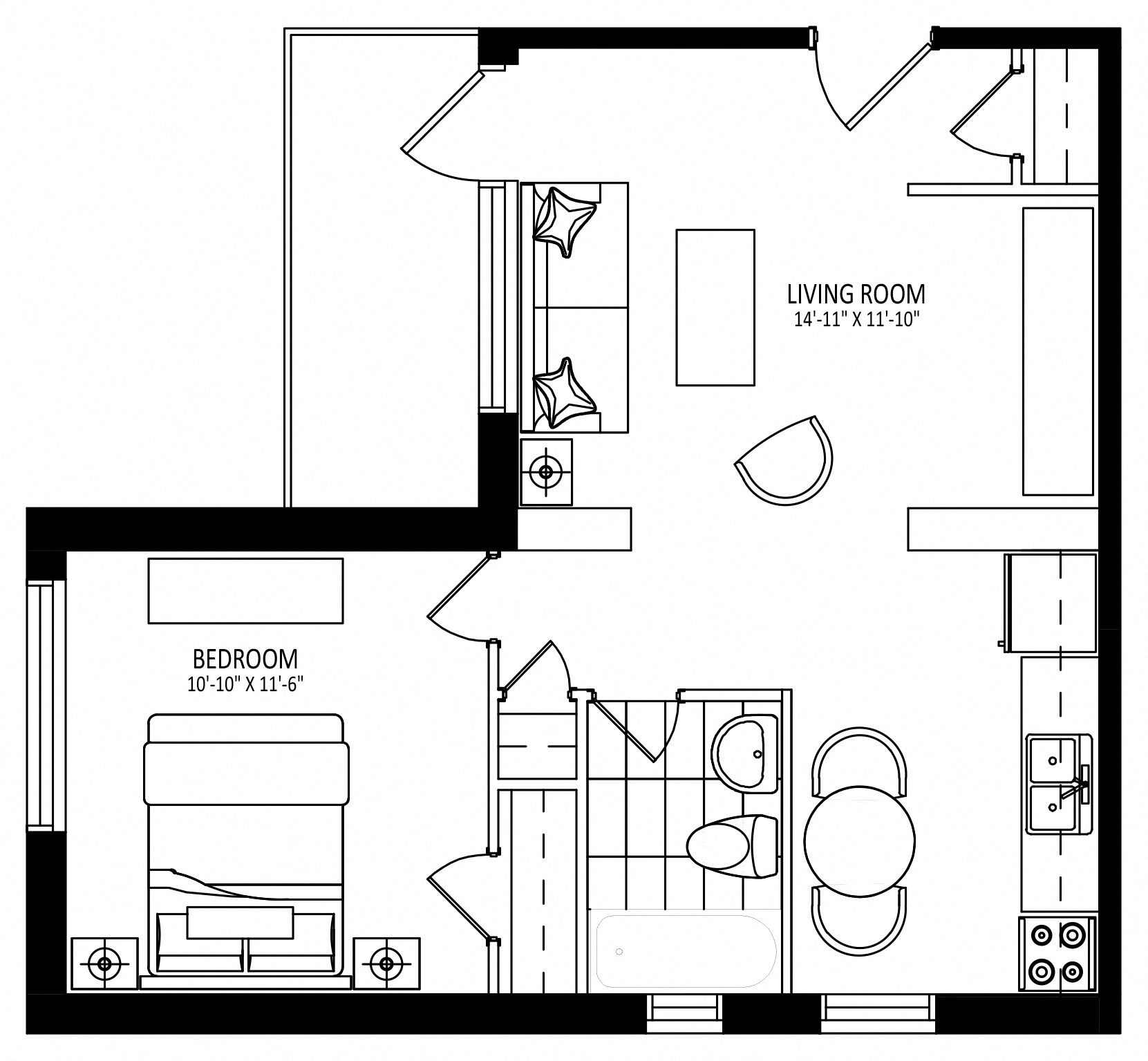 Floor plan for 1 bed, 1 bath, 653 sqft